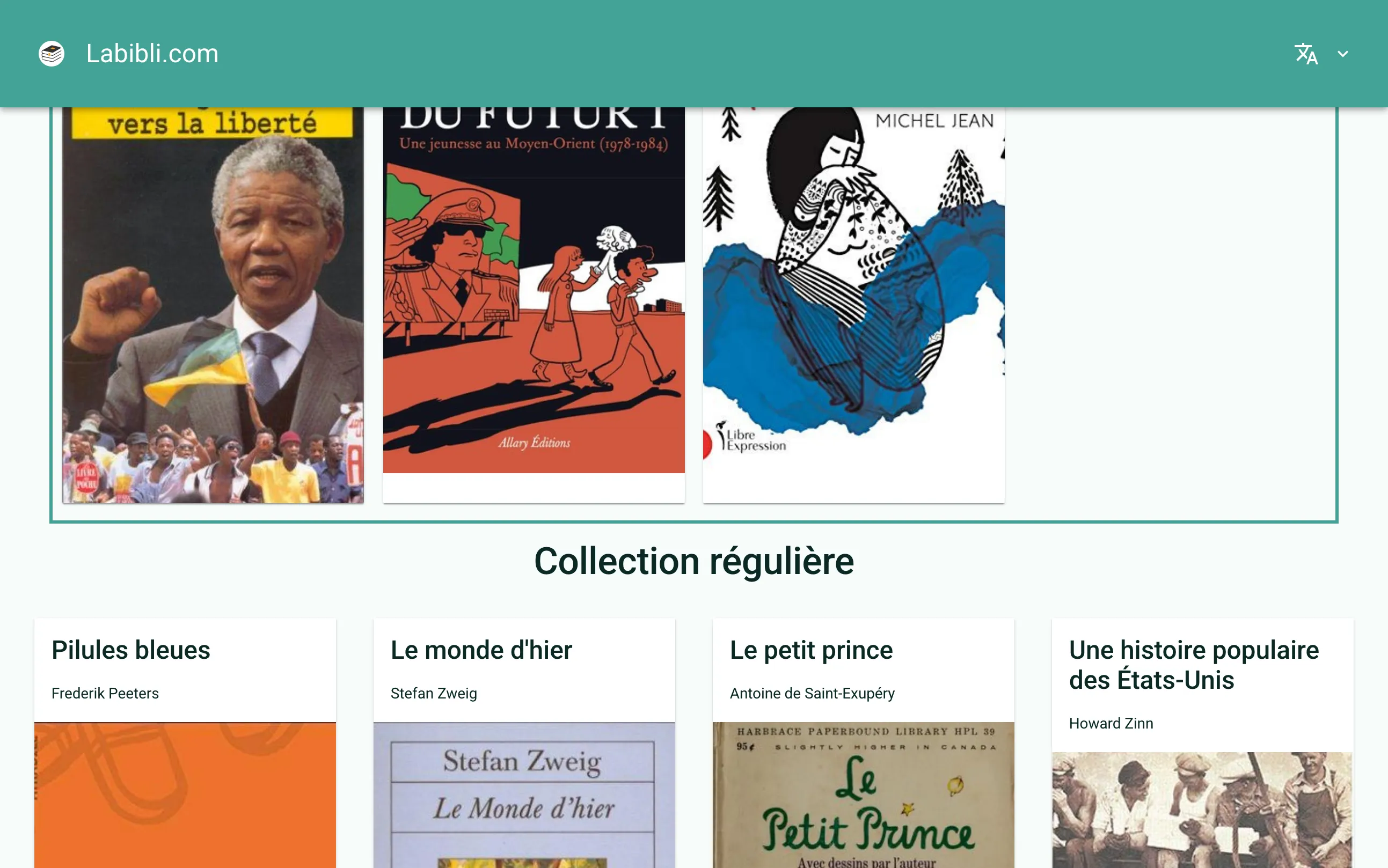 La section « Collection régulière » d’une vitrine : les livres s’affichent en grille, chacun avec sa couverture, son titre et son auteurice.